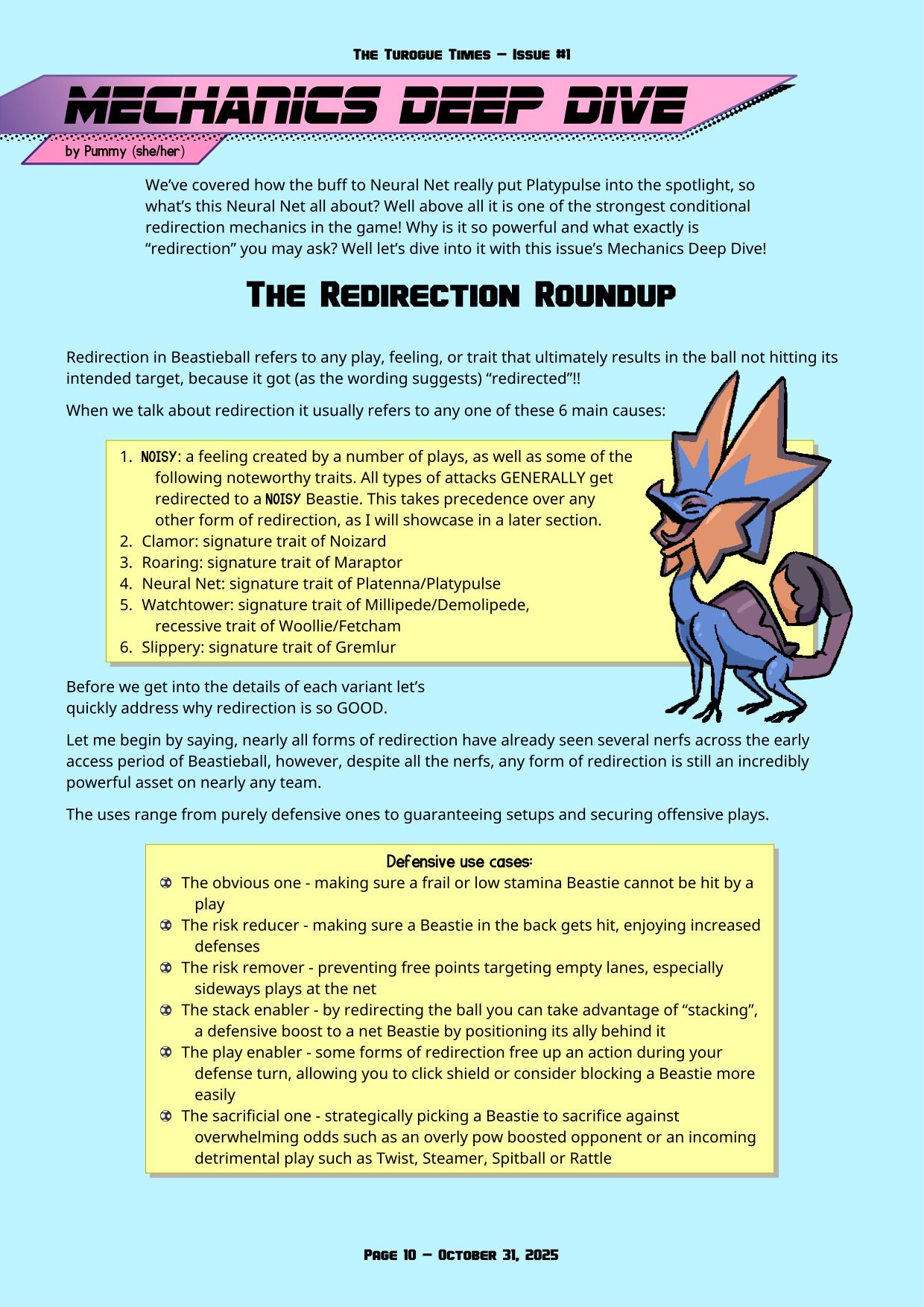 Page 10 of the Turogue Times, a Beastieball newsletter. This page is a Mechanics Deep Dive about redirection. For a more screen reader friendly format, please see the PDF download above.